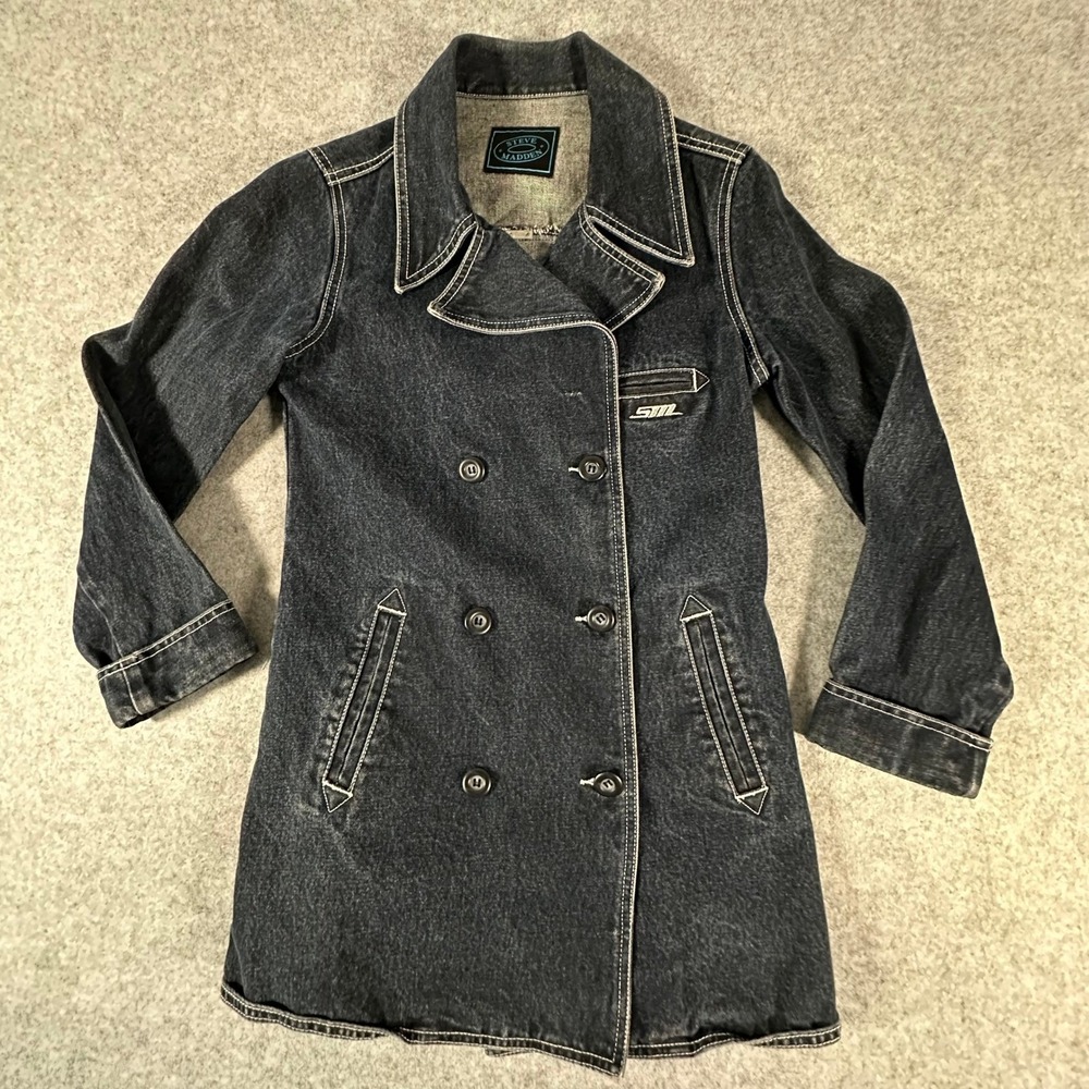 Steve Madden Denim Pea Coat Womens Size Medium Black Double Breasted Vintage 90s